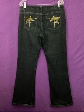 Vintage Y2K Dark Wash Flare OUT Jeans with Gold Embroidery and Jewels. Size 10.